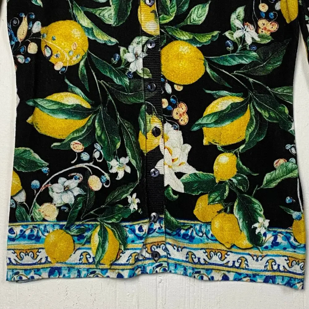 Boston Proper Black Lemon Print Cardigan Sweater Size Extra Small - Picture 2 of 6